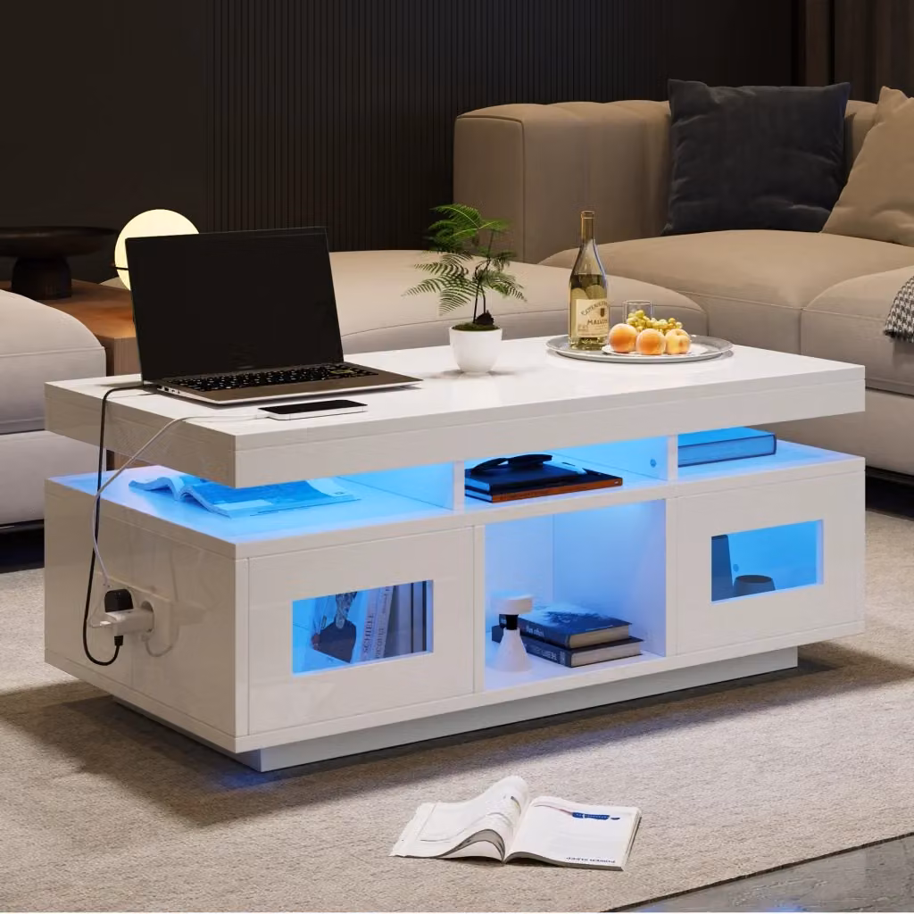 Tavolino basso Mivray bianco con LED RGB controllabili da app, presa europea e USB, L 100 x P 50 x H 43 cm – 2