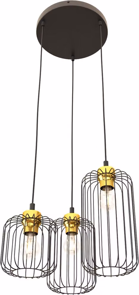 Lampada a sospensione industriale rotonda nero-oro con 3 paralumi ovali in filo metallico, regolabile, VANDER 3xE27 15W Emibig