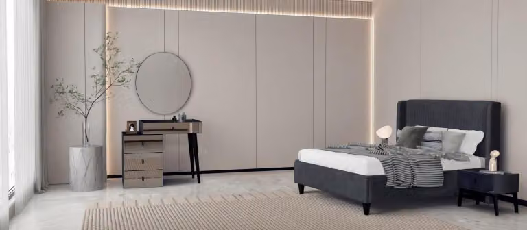 Set da camera da letto: letto, toletta, 2 comodini in stile moderno, nero