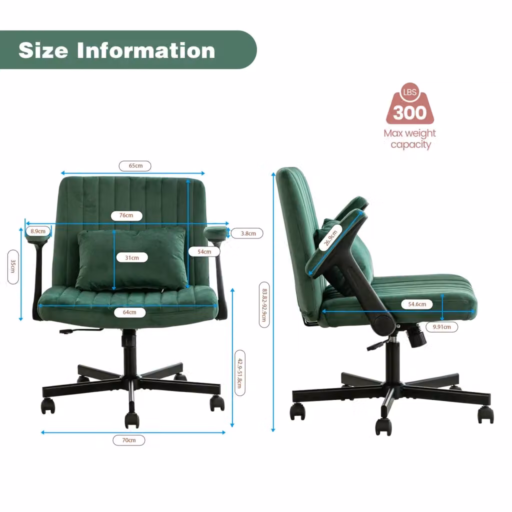 Sedia da ufficio girevole REDOM in velluto verde con base in metallo e ruote, H 66 cm x L 30 cm x P 60 cm – 2