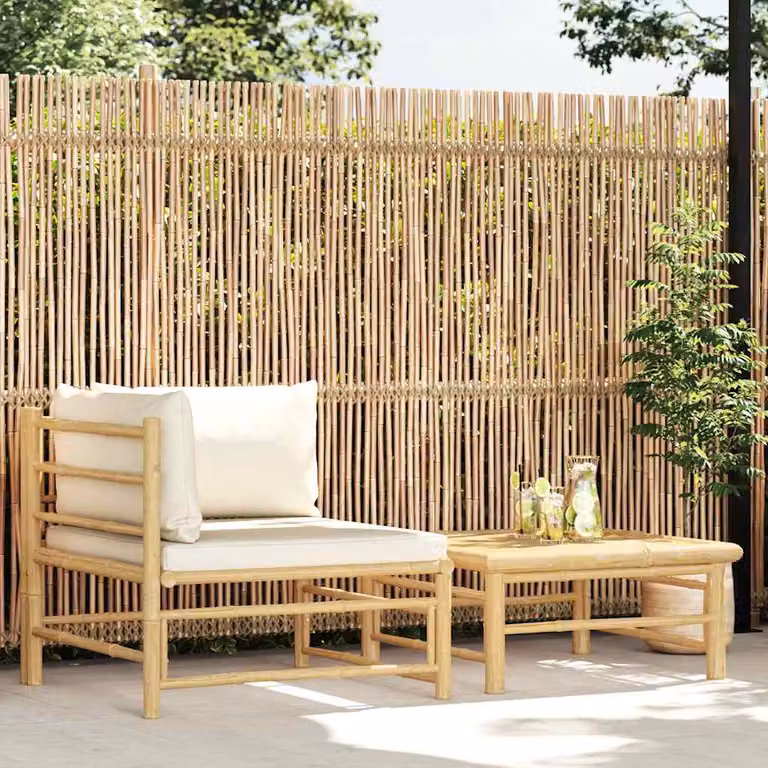 Set di Divani da Giardino vidaXL a Forma di L con Cuscini e Tavolino, Design Moderno in Bambù, Colore Bianco e Beige