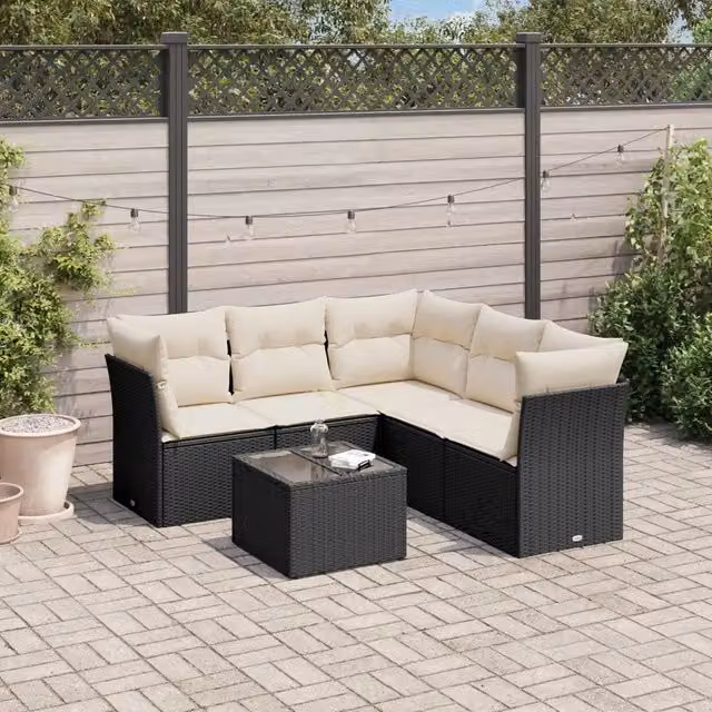 Set Divano da Giardino 6 pz con Cuscini-Sofa da Giardino-Divanetto da esterno Nero in Polyrattan 791081