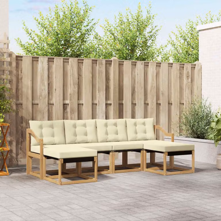 Set di divani da esterno vidaXL a forma di L in legno di acacia con pouf e cuscini, Bianco e Beige