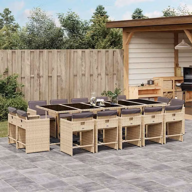 vidaXL Set Pranzo da Giardino 15 pz in Polyrattan con Cuscini Beige e Piano in Vetro
