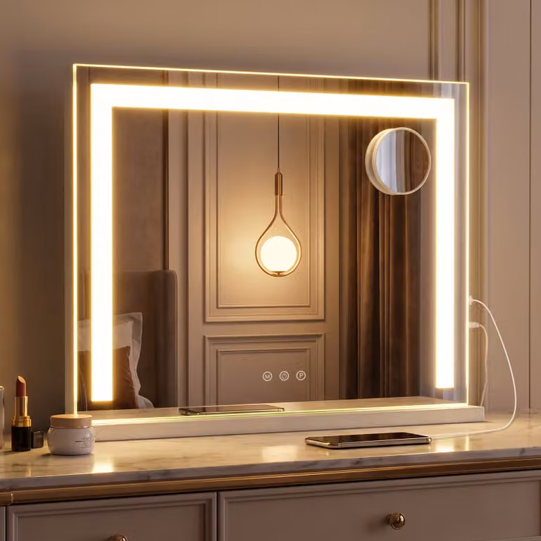Costway Specchio da bagno con luci e ingrandimento 10x, Specchio da trucco per parete e tavolo con 3 colori e luminosità regolabili 58 x 10 x 43 cm
