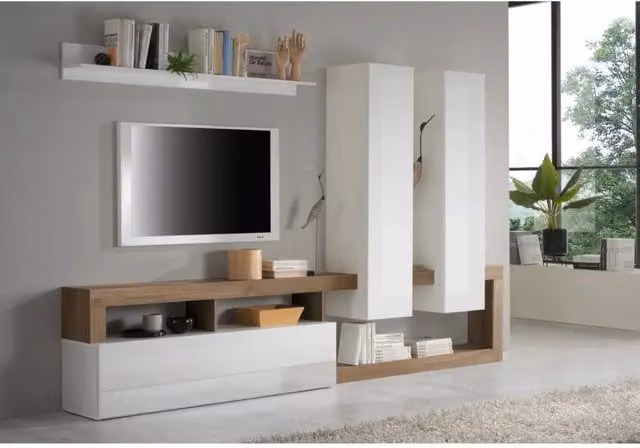 Set mobili soggiorno con contenitori, collezione BURA, bianco lucido laccato/quercia mercurio