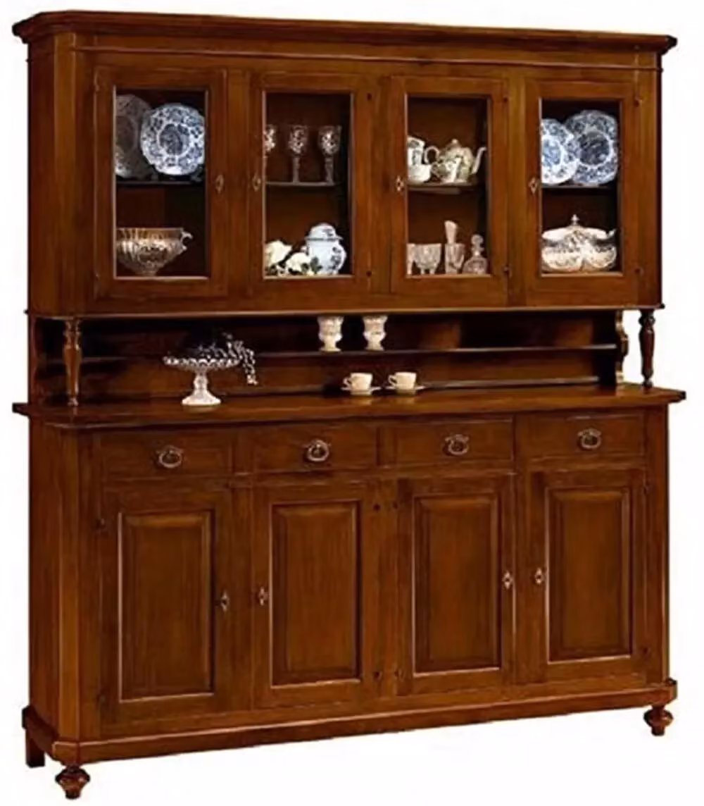 Cristalliera in stile arte povera Mobili 2G con 4 porte in legno e vetro color noce L: 196 cm, P: 43 cm, H: 205 cm – 2