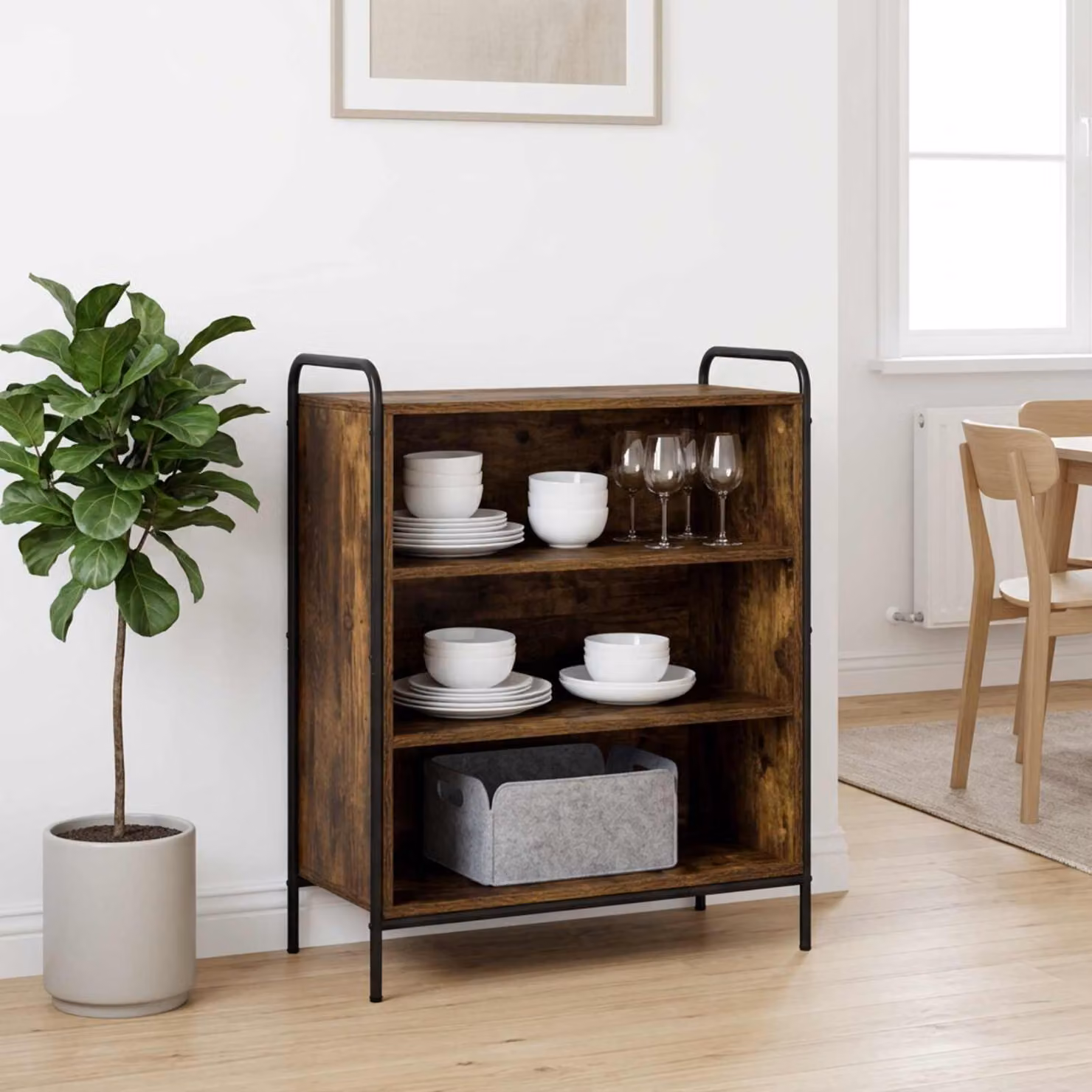 Credenza moderna vidaXL in legno ingegnerizzato e metallo, colore rovere fumo, L: 73 cm, P: 33 cm, H: 81 cm
