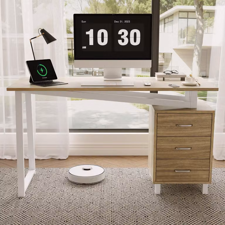 Scrivania Merax con 3 cassetti e vano portaoggetti, scrivania per computer con robusto telaio in acciaio, scrivania da lavoro per l'ufficio e l'home office, naturale+bianco