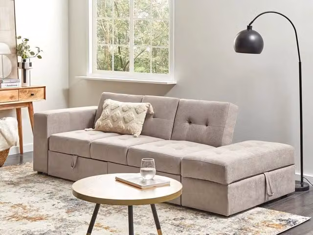 Divano letto componibile marrone Storage Ottoman Cassetti estraibili Click Clack Vassoio a ribalta Portabicchieri