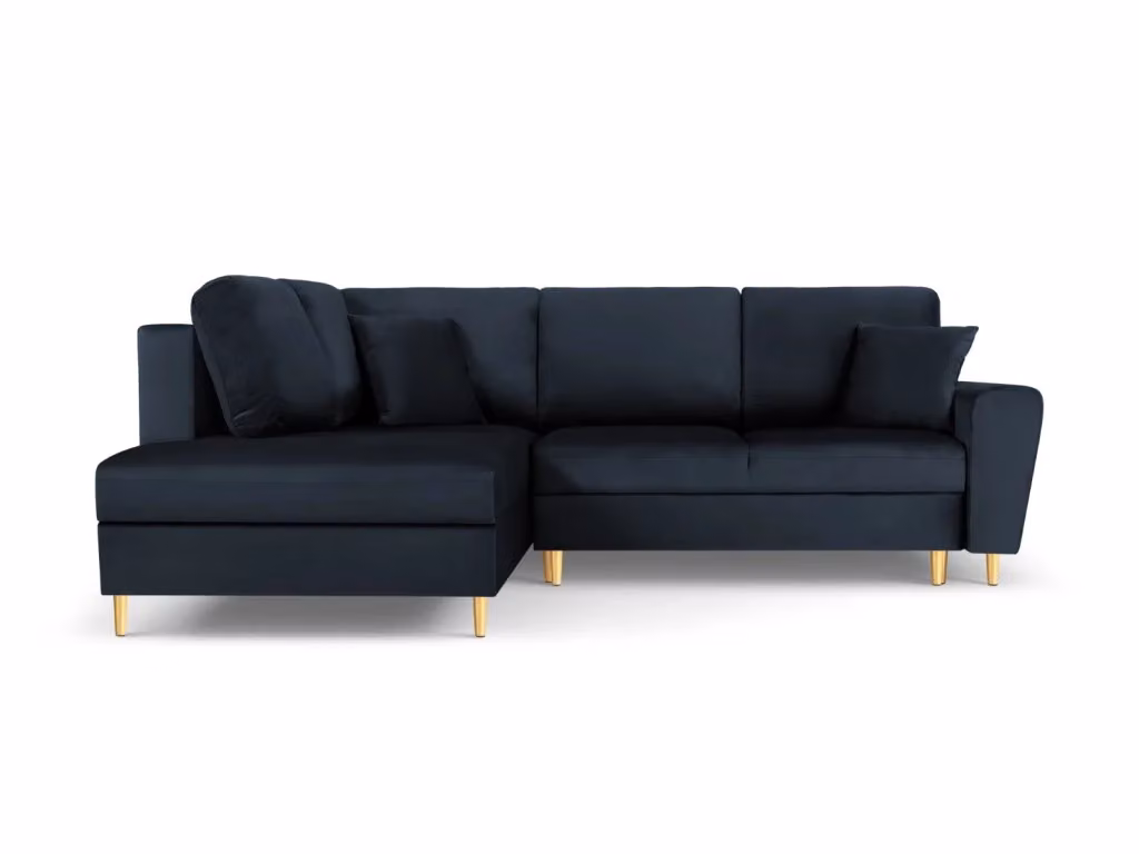 Divano angolare convertibile Kyoto di Cosmopolitan Design con contenitore, 5 posti, in velluto blu e oro, lato sinistro, L: 243 cm, P: 124,6 cm, H: 88 cm – 2