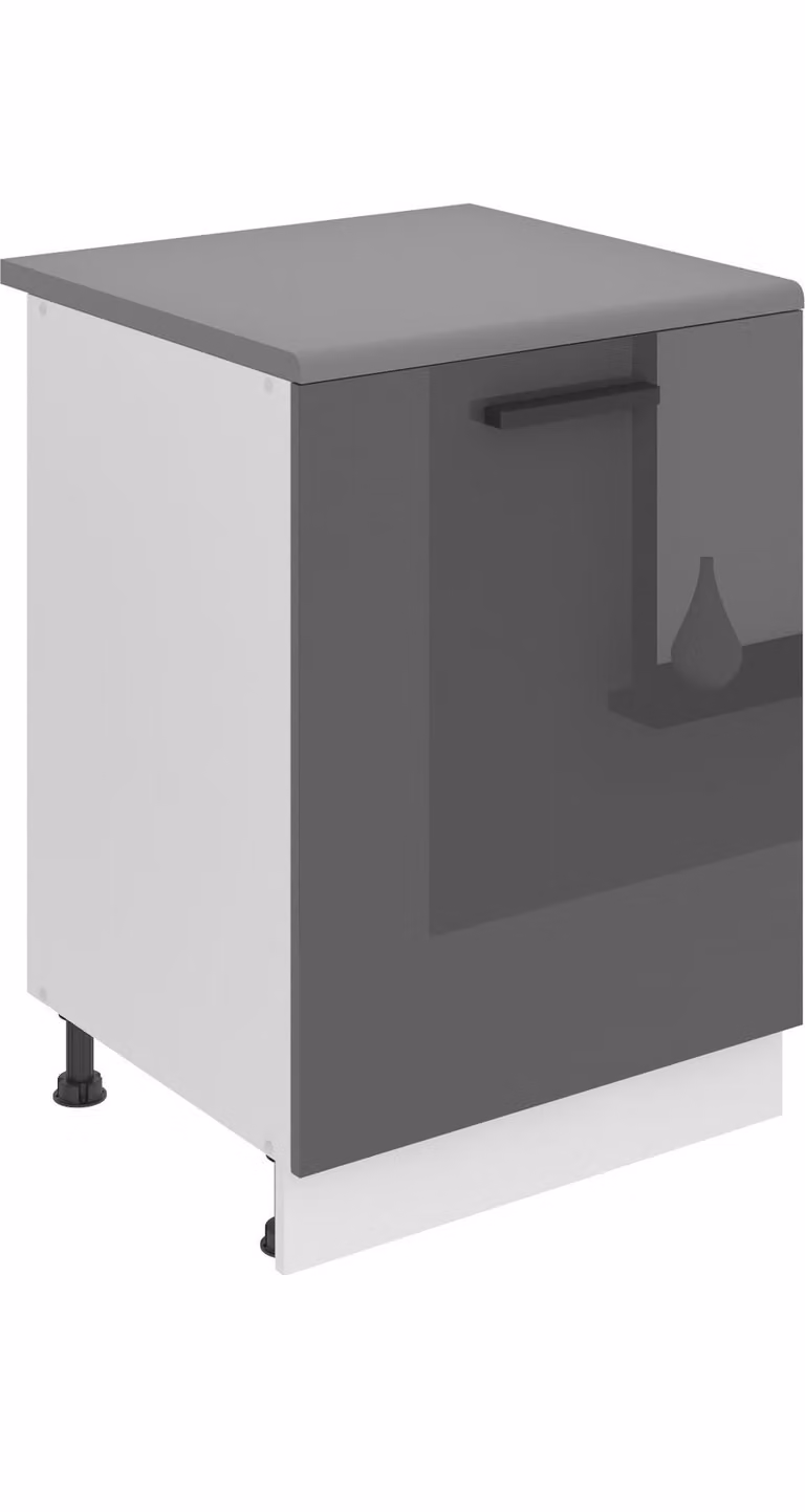 Base da cucina Belini, base da cucina larga 60 cm. Base per cucina SD con piano di lavoro. Mobile da cucina a 1 anta, argento lucido