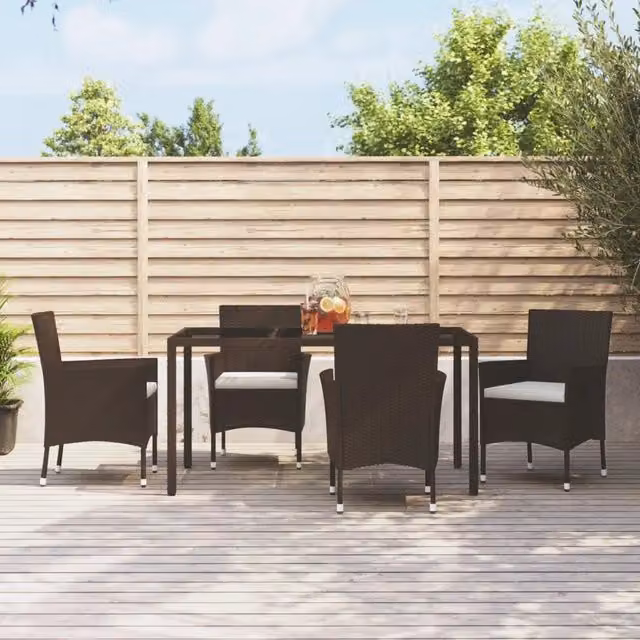 Set di 4 sedie da giardino con cuscini vidaXL in polyrattan marrone e bianco con braccioli