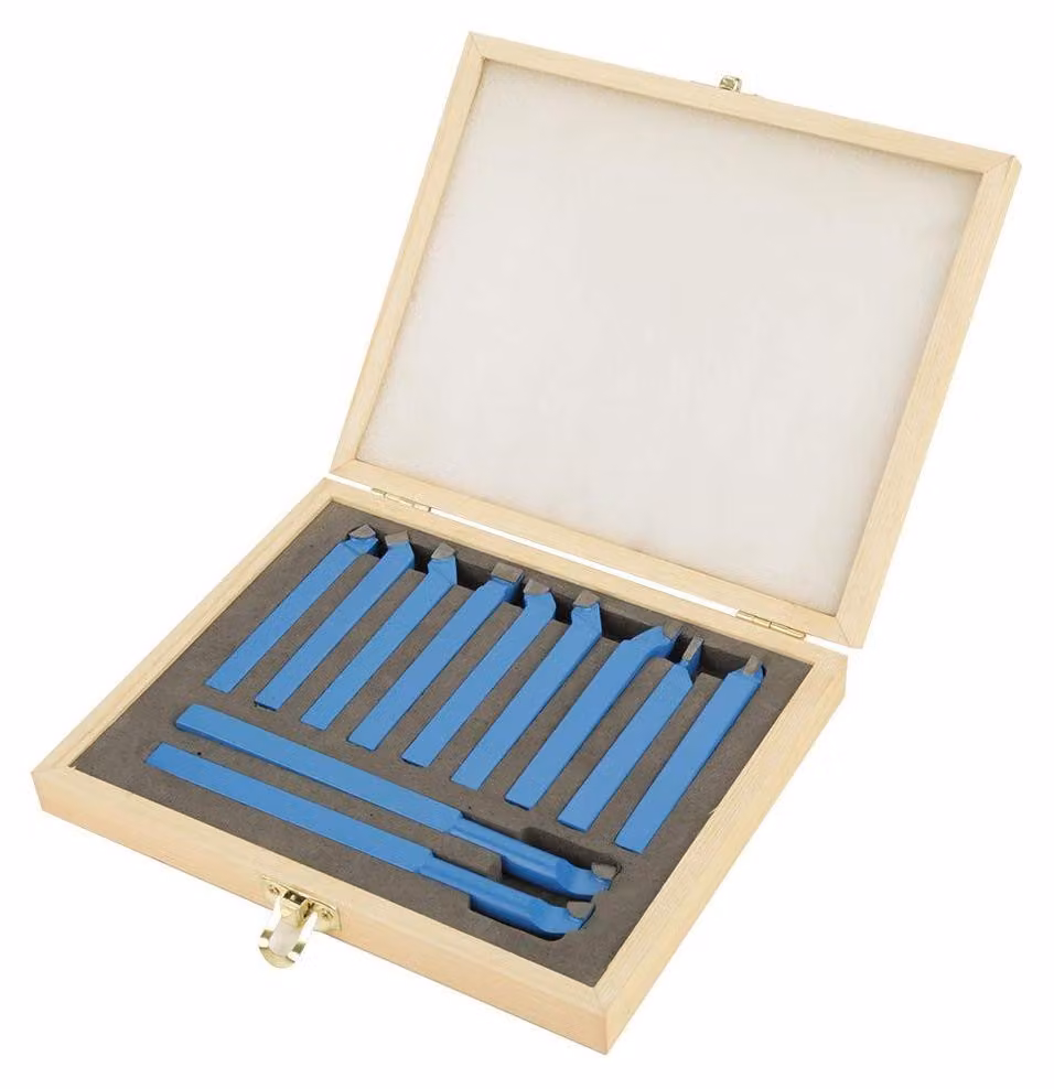 Set di utensili per tornitura, 11 pezzi - Utensile di taglio in metallo duro - Custodia in legno - 8x8 mm - Utensile di taglio affilato - Materiale in lega resistente - Utensile per fresatura