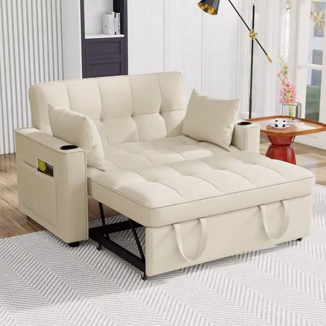 Divano letto convertibile 2 posti 137 x 76;5 x 83 cm; divano multifunzione con portabicchieri e cuscini; per soggiorno e camera da letto; beige
