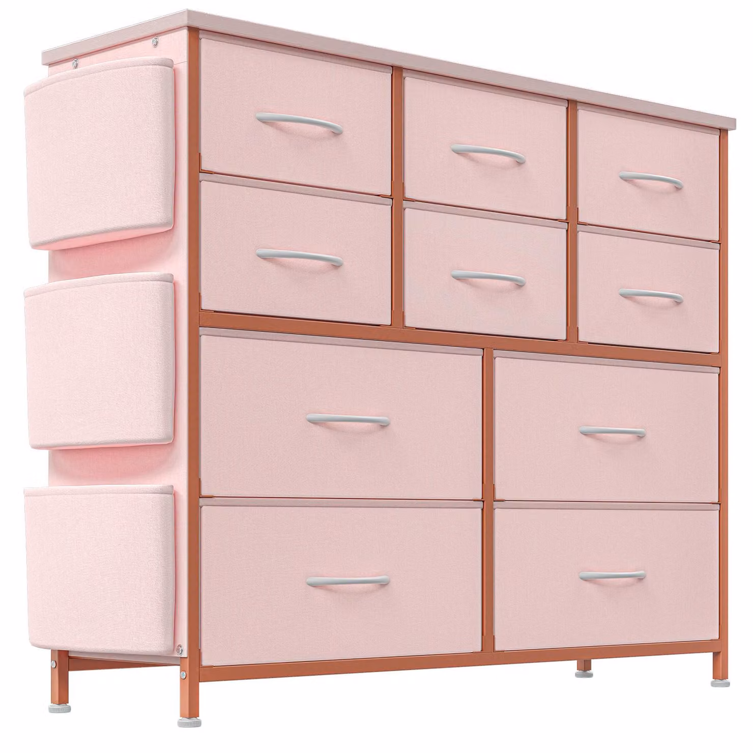 Comodino con cassetti, mobiletto laterale, versatile, capiente, colore rosa, realizzato in materiale composito di legno (MDF/pannello truciolare), struttura in metallo robusta, resistente.