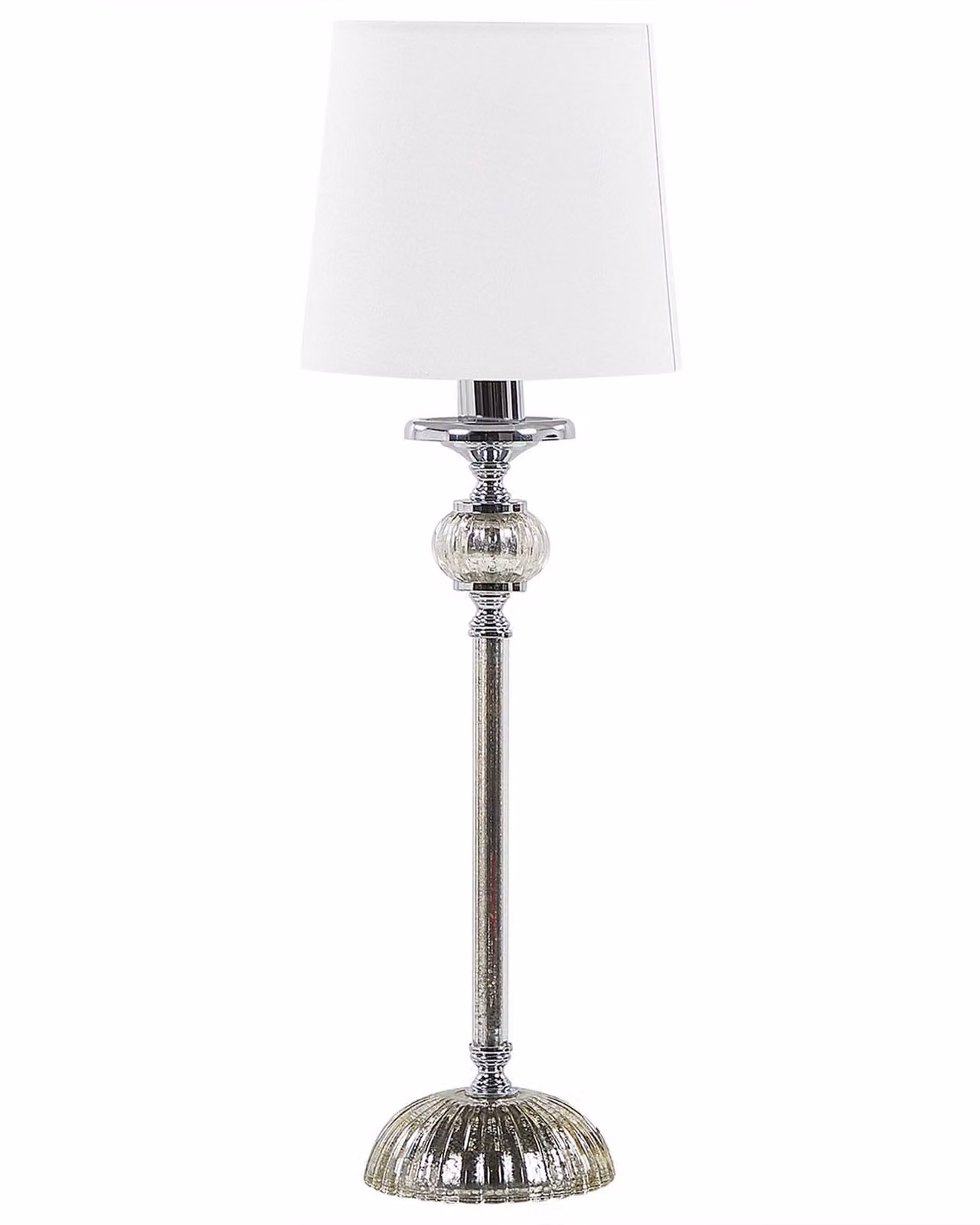 BELIANI Lampada da tavolo con base in metallo argento, paralume bianco ed elementi in vetro, stile glamour