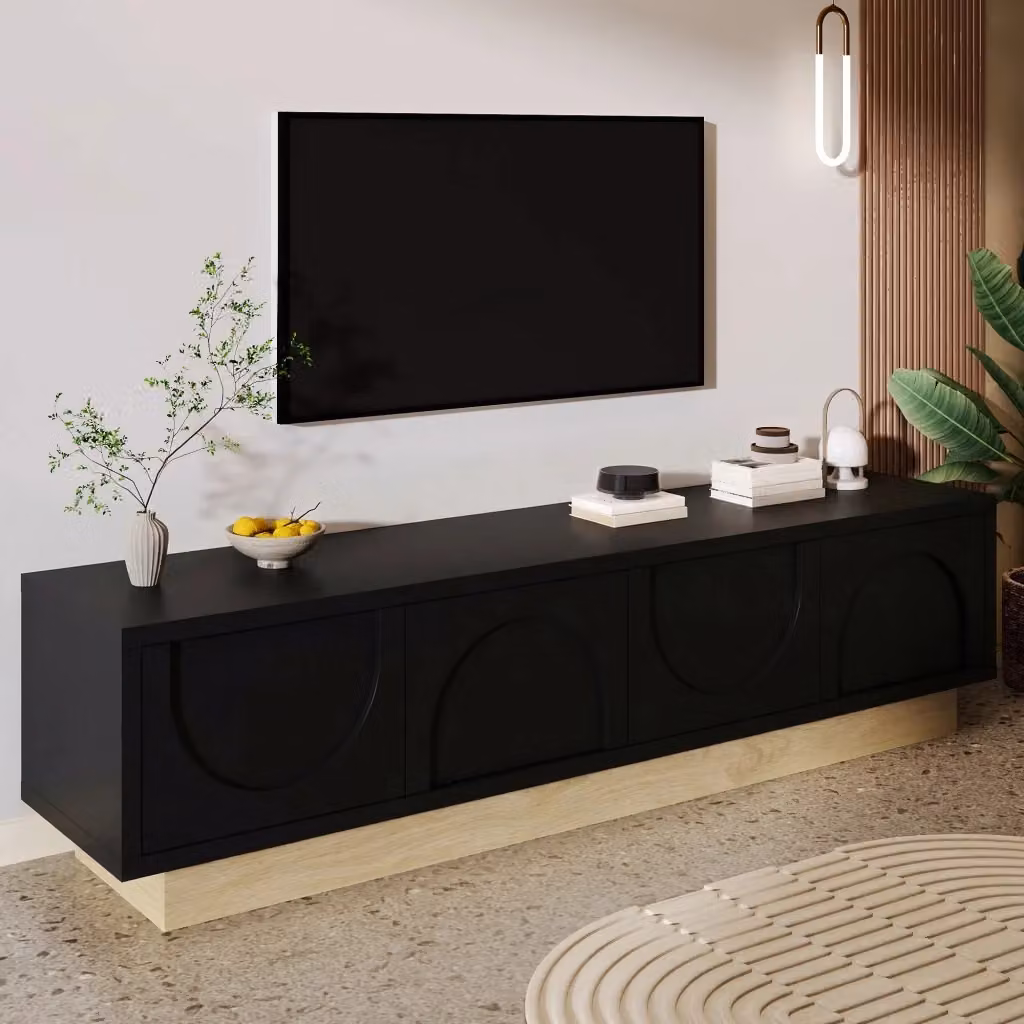 Mobile TV Mivray con 4 ante e gestione dei cavi in MDF nero opaco L: 175 cm, P: 40 cm, H: 41.5 cm – 2