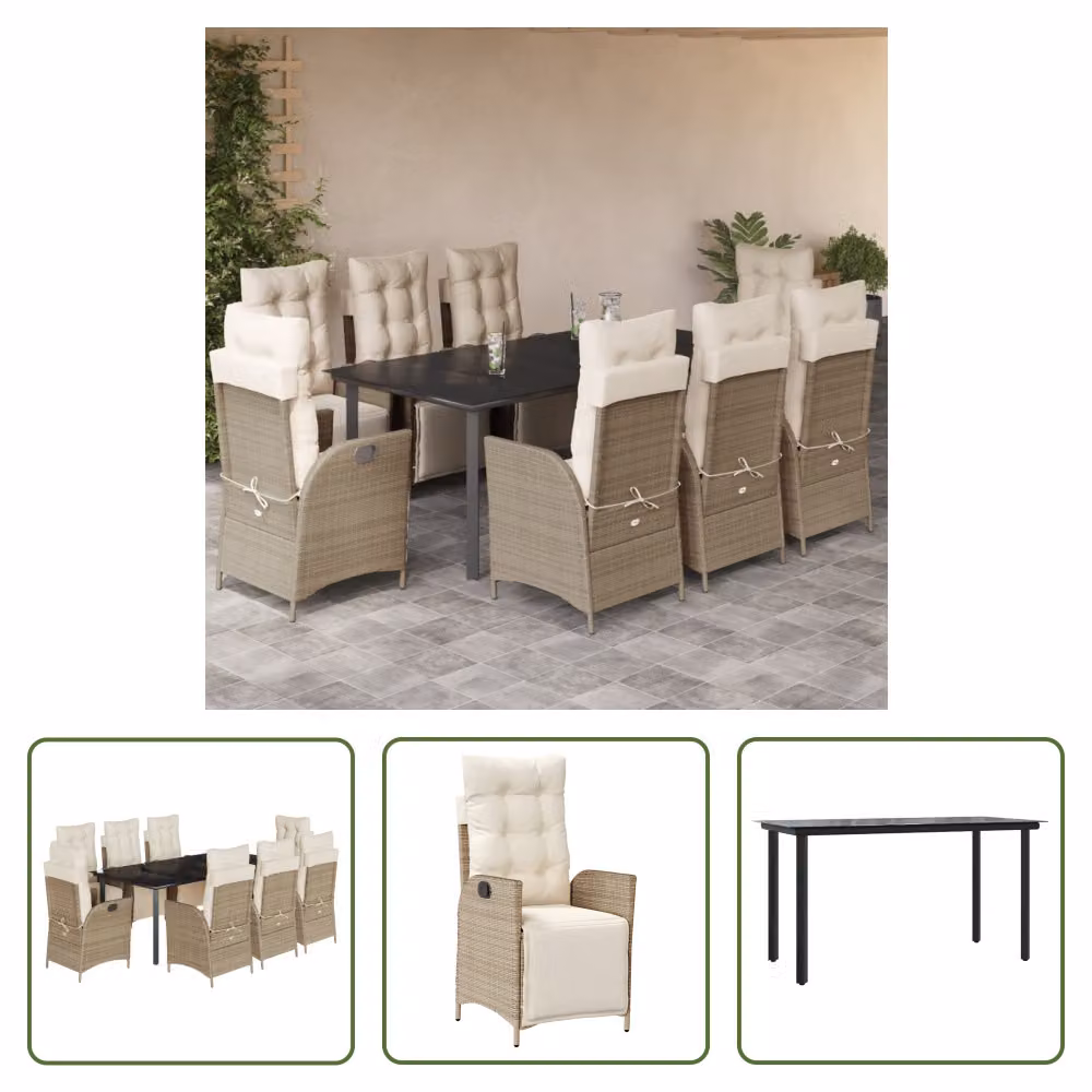 The Living Store Set da pranzo da giardino 9 pezzi con cuscini Beige poly rattan