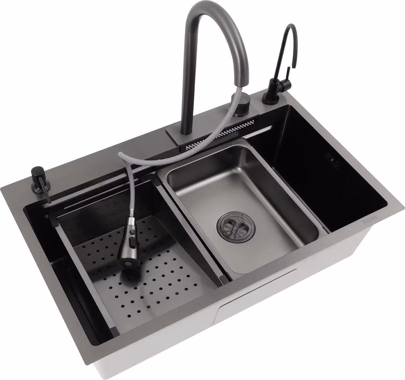 Lavello da cucina, tre vasche, rubinetto estraibile a cascata, nero
