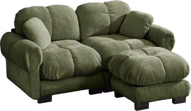 Divano modulare angolare a 2 posti in Chenille verde con ottomana mobile, design a trapunta e cuscini spessi