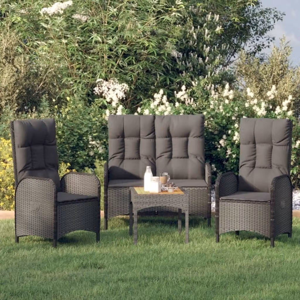 The Living Store Set da pranzo da giardino in 3 pezzi con cuscini in poly rattan nero