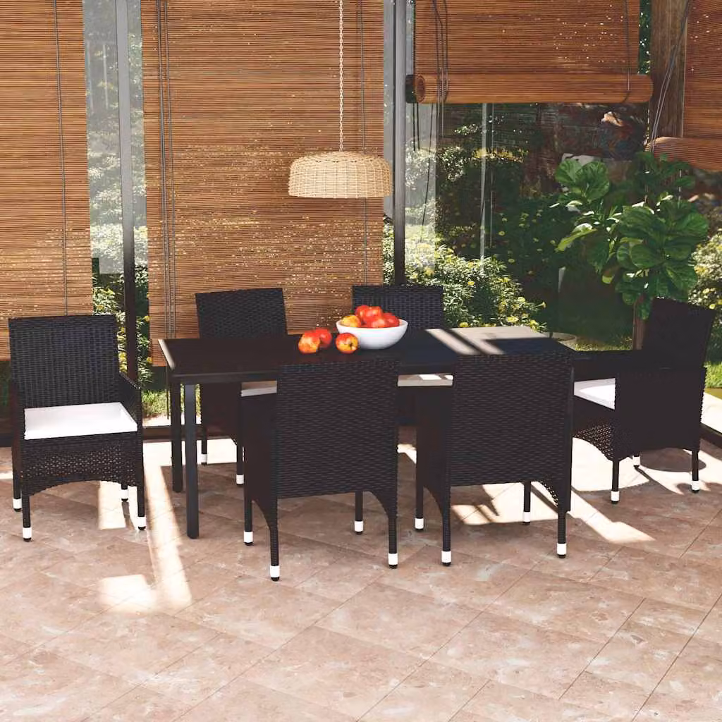 Set da pranzo da giardino vidaXL in polyrattan nero con tavolo in vetro e 7 pezzi