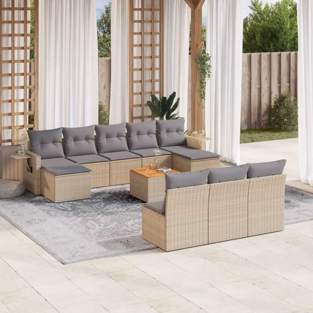 Set di divani da giardino vidaXL 11 pz in polyrattan beige con cuscini e tavolino da esterno a forma di U – 1