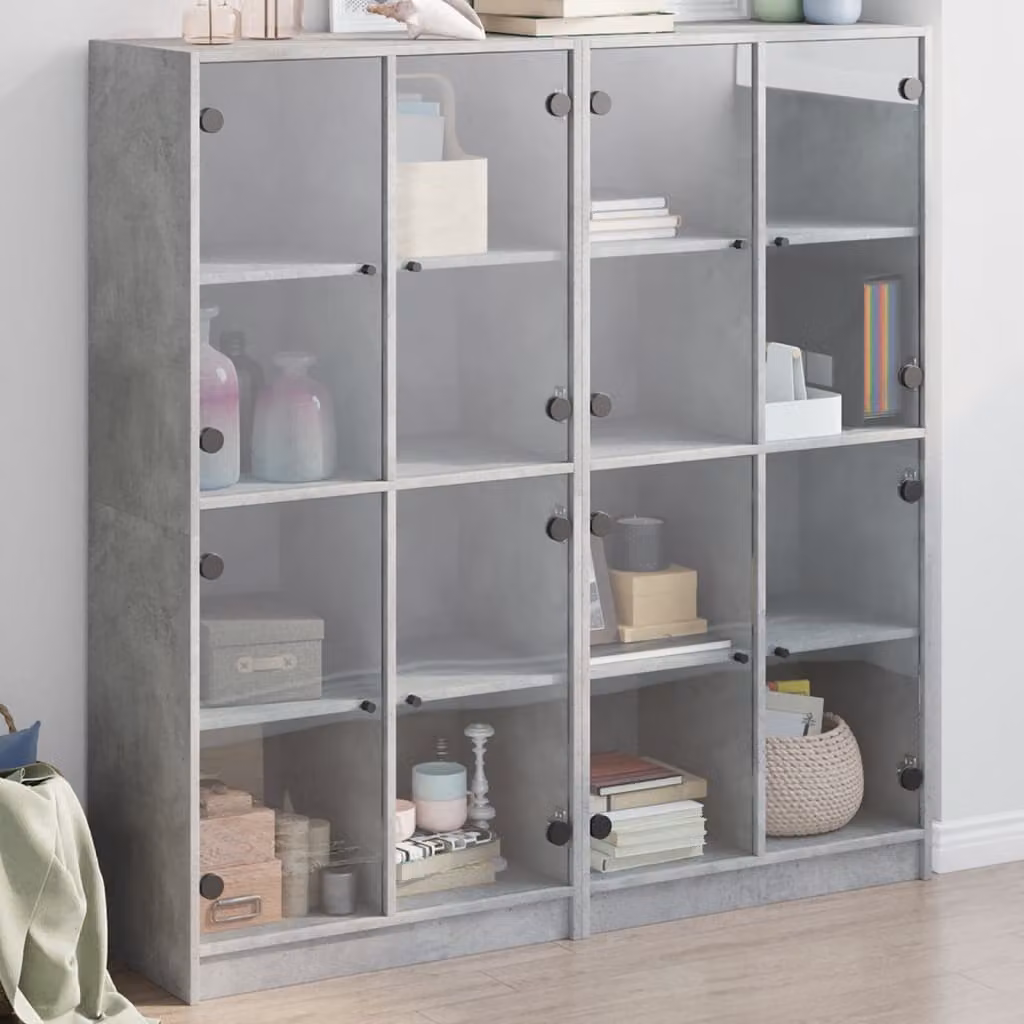 Libreria moderna vidaXL con ante in vetro e ripiani interni, Grigio, L: 136 cm, P: 37 cm, H: 142 cm