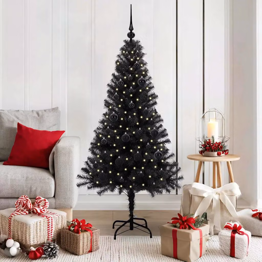 Albero di Natale moderno vidaXL nero in PVC con luci LED bianco caldo, altezza: 150 cm