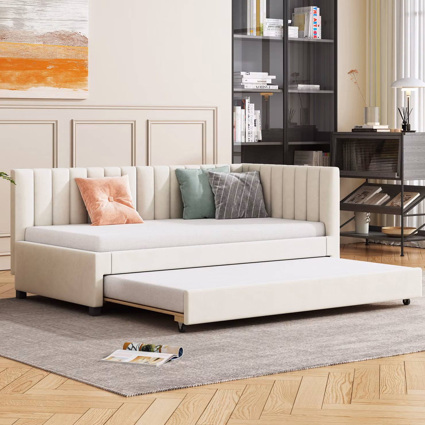 Merax daybed 90x200cm divano letto con letto estraibile, letto imbottito in velluto letto per bambini daybed con rete a doghe, divano letto con braccioli, beige