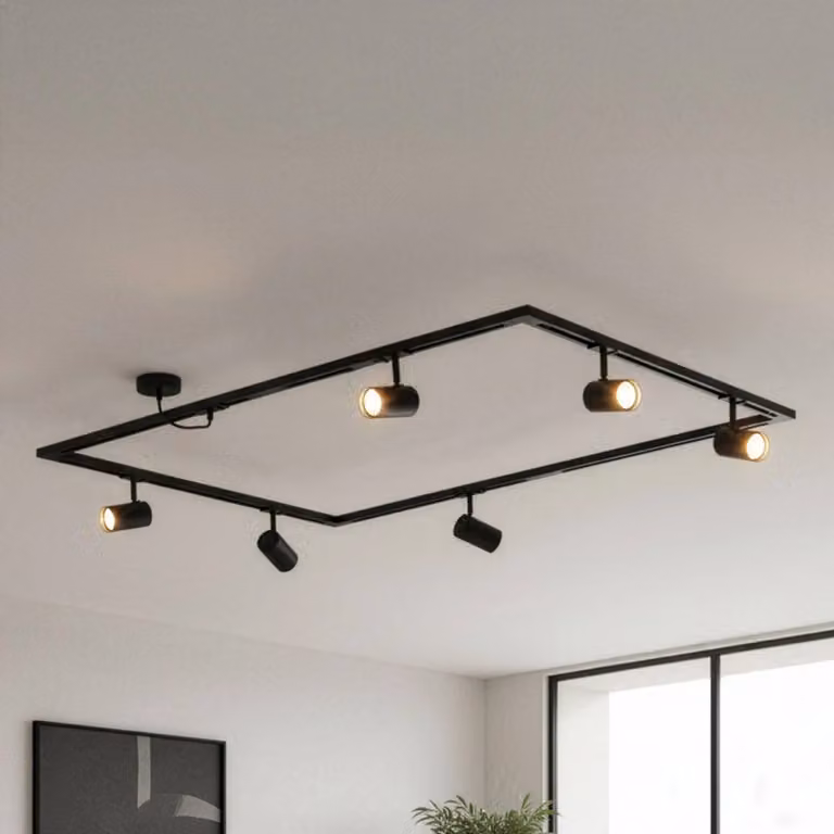 Sistema di binari Lindby Linaro, GU10, a 6 luci, nero, forma O Linaro, Nero, Soggiorno / Sala da pranzo, Alluminio, Moderno
