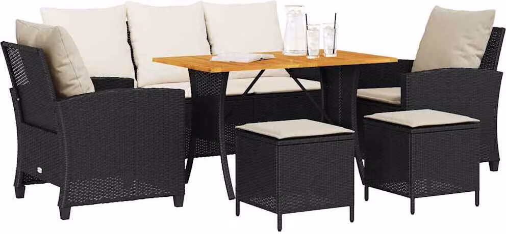 Set Divano da Giardino 6 pz con Cuscini Nero in Polyrattan