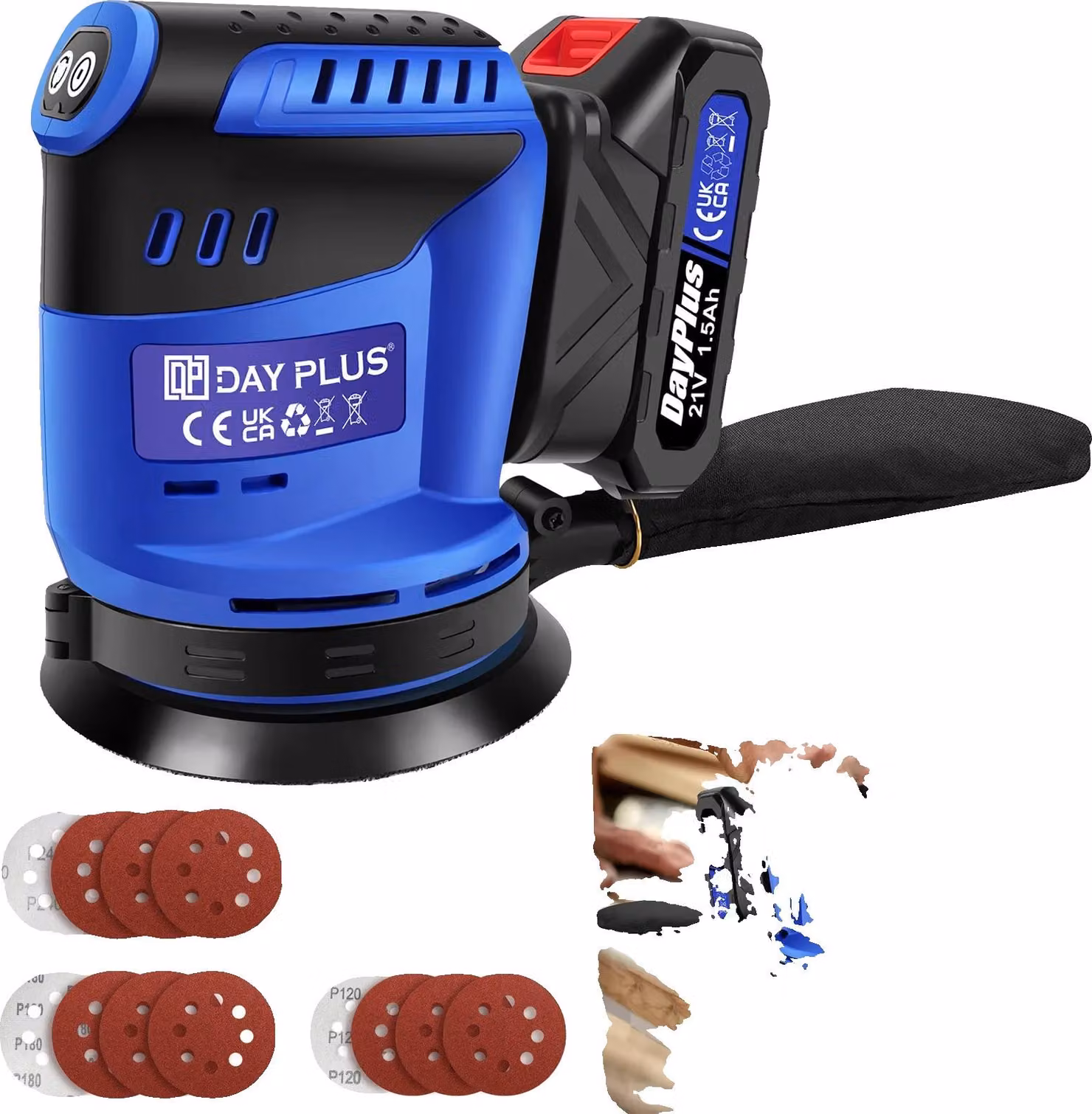 Levigatrice rotorbitale a batteria, 21V, 3000W, batteria agli ioni di litio da 1,5AH, 7000/9500/11000 OPM, formato carta 125 mm