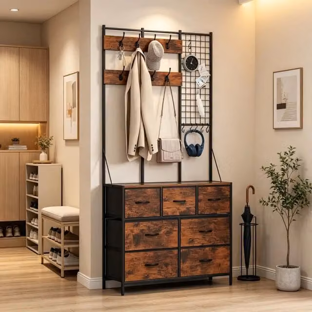 Mobile da ingresso 100x30x183 cm con 7 cassetti in tessuto e 14 ganci marrone rustico e nero