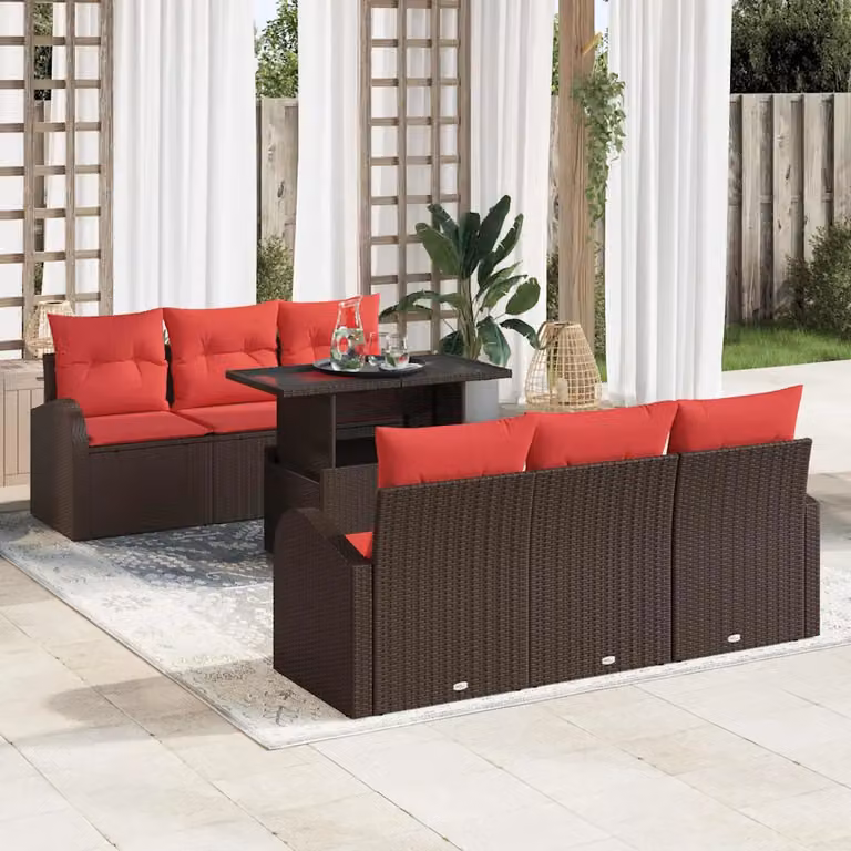 vidaXL Set Divano da Giardino 7 pz a forma di U in Rattan Marrone con Cuscini e Tavolino