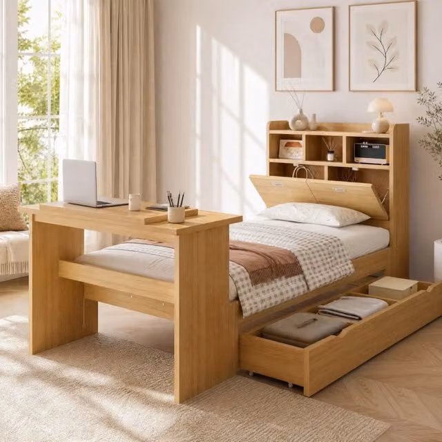 Letto singolo 90x200 cm con contenitore; libreria testiera e tavolo pieghevole regolabile; finitura legno naturale