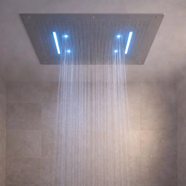 Soffione doccia a incasso a soffitto OGOMONDO con effetto cascata e LED multicolore in acciaio inox spazzolato argento – 1