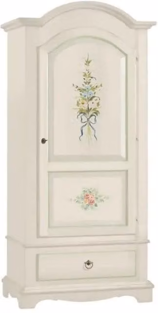 Armadio appendiabiti 1 anta 1 cassetto arte povera in legno massello e mdf con rifinitura in bianco filo verde con decori 95x56x196 H