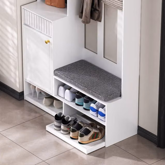 Guardaroba da ingresso 100x35x180 cm con panca imbottita e 4 ganci in MDF bianco