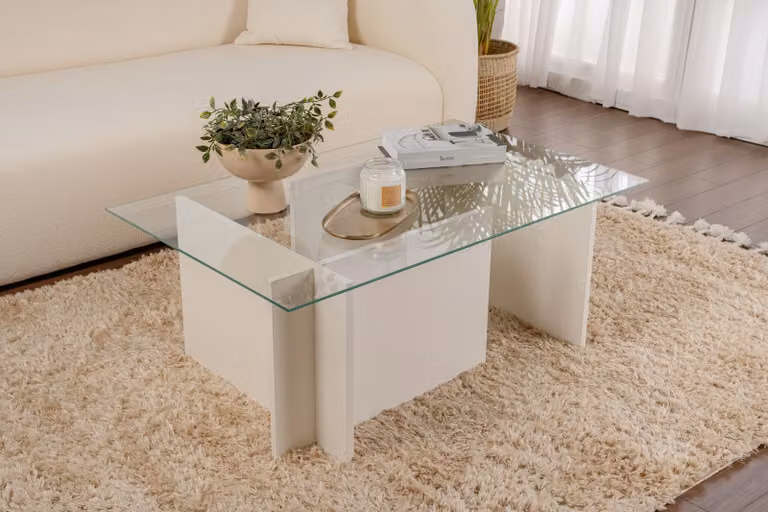 Skye Decor, Vetrino - Legno bianco, tavolino, 100 % vetro temperato, legno bianco, 105 x 65 x 40 cm