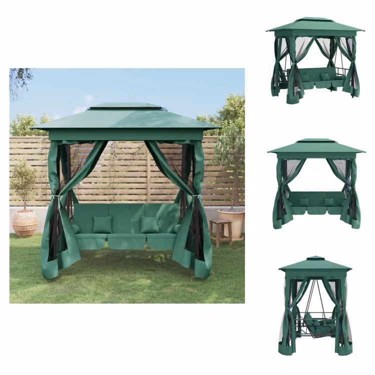 vidaXL Gazebo da giardino con altalena hollywoodiana in tessuto verde e acciaio - Altalene hollywoodiane
