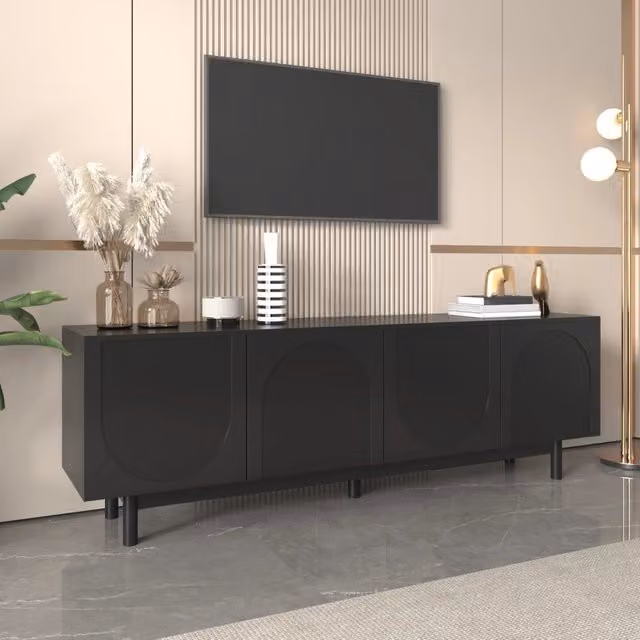 Mobile porta TV OKWISH nero con 4 ante ad apertura a pressione e ripiani regolabili in MDF e truciolare, L: 175 cm, P: 38 cm, H: 56 cm