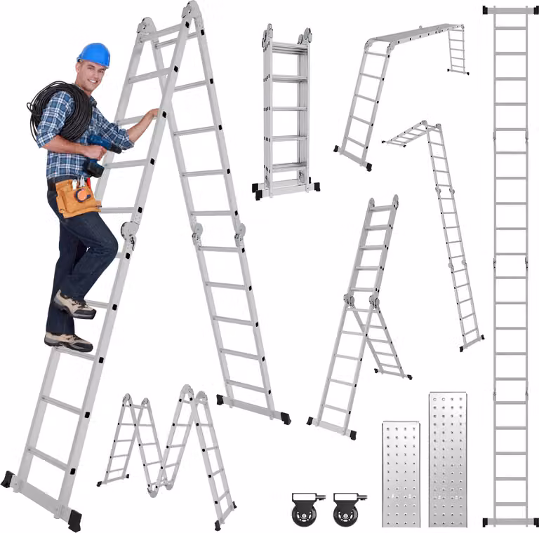 Ikodm Scala multifunzione 7in1, con 4x5 gradini, altezza circa 580 cm / 5,8 m, scala a sbarra in alluminio con 2 piattaforme, 2 ruote, portata massima 150 kg
