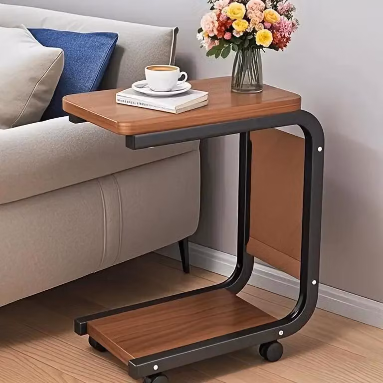 Tavolino con rotelle - Da divano e da comodino - Con sacchetto portaoggetti - Acciaio inossidabile - Rettangolare - Stile retrò moderno - Marrone