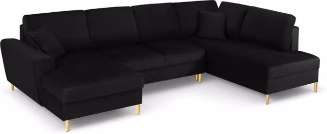 Divano panoramico convertibile Kyoto di Cosmopolitan Design con contenitore, 7 posti, modello a L con lato destro, rivestimento in velluto nero e dettagli oro, L 313 cm x P 175 cm x H 88 cm – 1