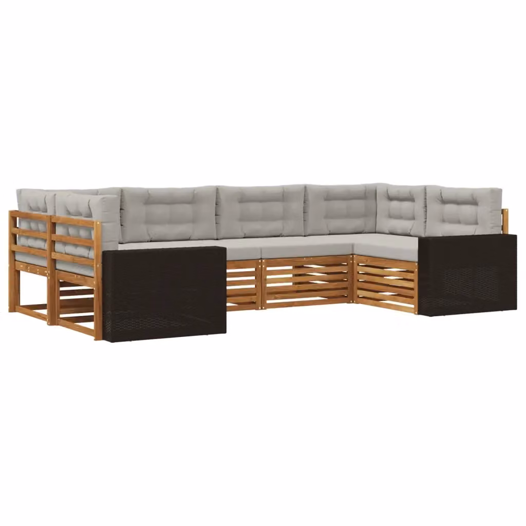 Set di divani da esterno a L vidaXL in legno di acacia con cuscini, 6 pezzi, Beige e Grigio – 2