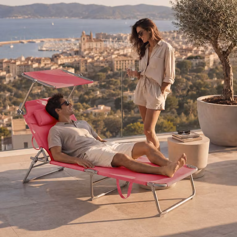 Set di 2 lettini da giardino Chloe TecTake rosa con parasole e poggiatesta regolabile