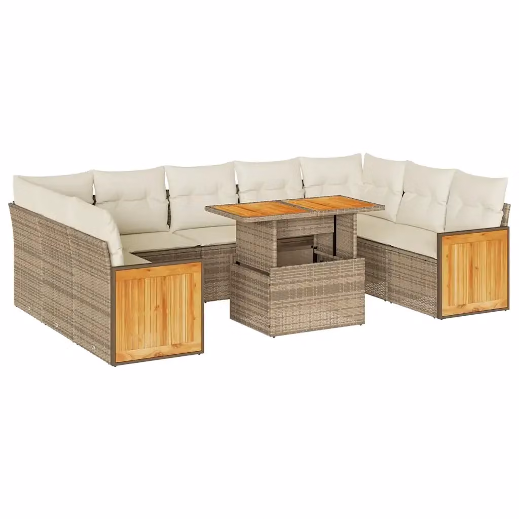 Set da giardino componibile vidaXL in polyrattan e legno di acacia con 10 pezzi e cuscini beige a forma di U – 2