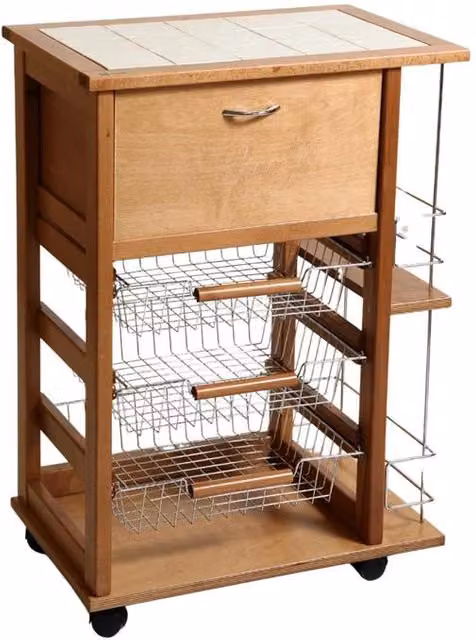 CARRELLO VESUVIO PORTAPANE+PORTABOTTIGLIE ROVERE IN FAGGIO BASE INFERIORE MULTISTRATO DI BETULLA 1 CASSETTO 3 CESTELLI PIANO MATTONELLE IN CERAMICA